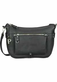 Borsa a tracolla nera in pelle con texture a pallini, scomparti con zip, hardware in tonalità argento e tracolla regolabile.