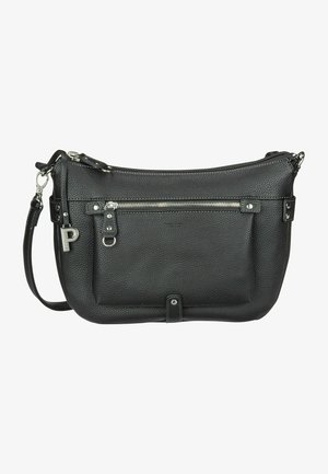 Black leather crossbody bag with pebbled texture, zippered compartments, silver-tone hardware, and an adjustable strap.