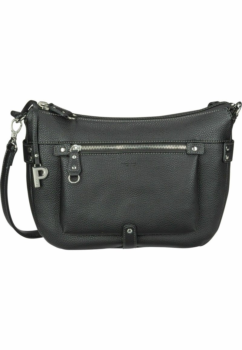 Borsa a tracolla nera in pelle con texture a pallini, scomparti con zip, hardware in tonalità argento e tracolla regolabile.