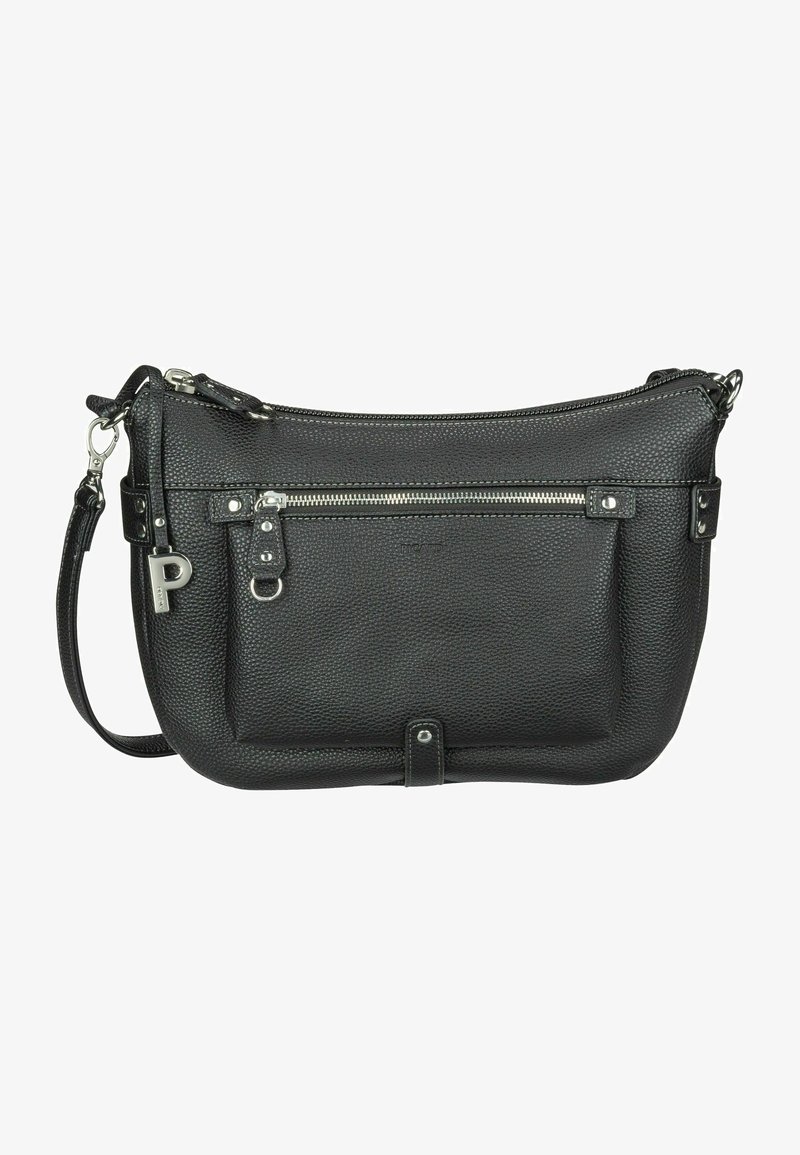 Schwarze Leder-Crossbody-Tasche mit genarbter Textur, Reißverschlussfächern, silberfarbener Hardware und verstellbarem Tragegurt.