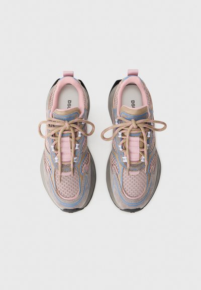 Footwear: sneaker featuring mesh and suede in gray, pink, and blue with a rounded toe, thick sole, and contrasting laces and accents.
