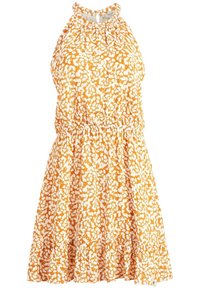 Oranžové šaty s bílým květinovým potiskem, design na zavazování za krkem, elastický pas a volánový spodní lem. Vyrobené z lehké látky.