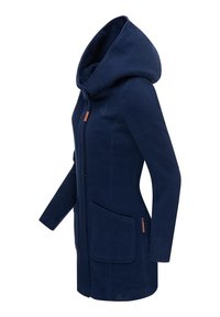 Navy blue long coat with a hood, flared shape, front zipper, two large pockets, and brown leather accent details. Soft textured fabric.