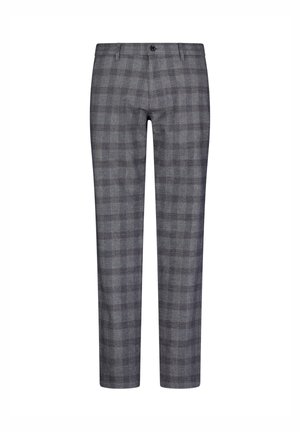 Grijze geruite broek van een textuurstof. Voorzien van een knoopsluiting en een slim fit ontwerp met gestructureerde lijnen en subtiele kleurnuances.