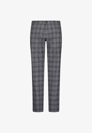 Grijze geruite broek van een textuurstof. Voorzien van een knoopsluiting en een slim fit ontwerp met gestructureerde lijnen en subtiele kleurnuances.