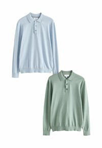 Zwei langärmelige Polo-Pullover: einer in Hellblau mit einer Knopfleiste mit drei Knöpfen und einer in Mintgrün, beide mit gerippten Bündchen und Saum.