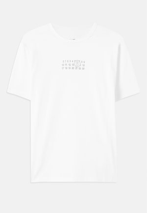 White cotton t-shirt featuring a centered gray graphic with numbers and a circular design. Classic crew neckline and short sleeves.