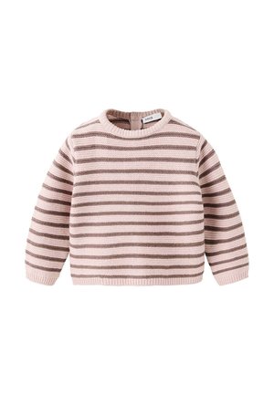 Pull en maille pour enfants à manches longues avec des rayures horizontales roses et marron et un col rond.