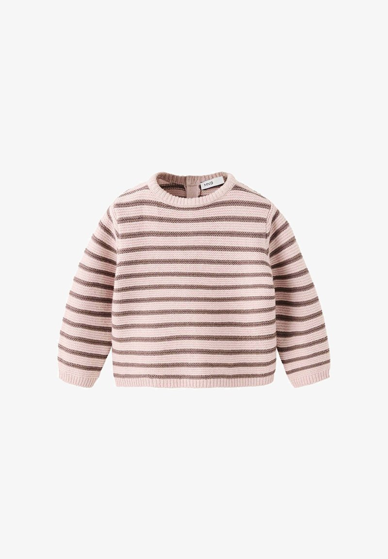 Pull en maille pour enfants à manches longues avec des rayures horizontales roses et marron et un col rond.