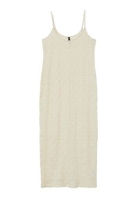 Abito senza maniche di un beige chiaro realizzato in un tessuto testurizzato. Presenta spalline sottili e una silhouette dritta, leggermente rilassata.