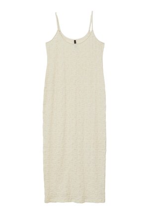 Robe sans manches beige clair en tissu texturé. Présente de fines bretelles et une silhouette droite légèrement décontractée.