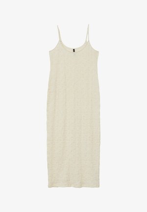 Robe sans manches beige clair en tissu texturé. Présente de fines bretelles et une silhouette droite légèrement décontractée.