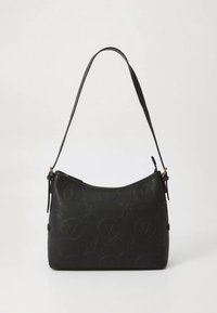 Black leather shoulder bag with embossed logo pattern, curved shape, and a single strap, featuring metallic accents on the zipper.