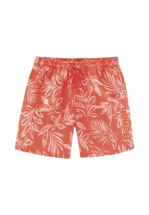 Bañador rojo con un patrón de hojas tropicales blancas. Presenta una cinturilla elástica con cordón y el logo "Bench" en naranja en un lado.