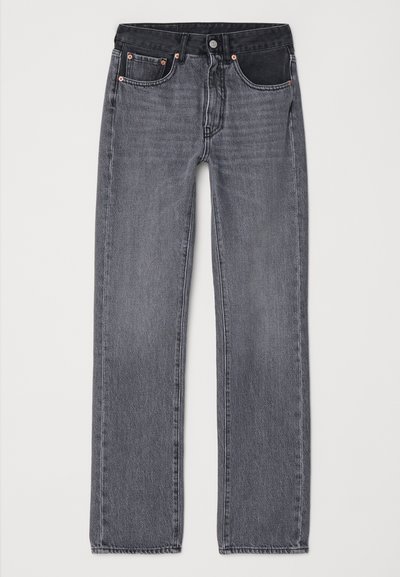 Black denim jeans with a straight leg design, featuring copper rivets, a button closure, and contrast stitching on the waistband and pockets.