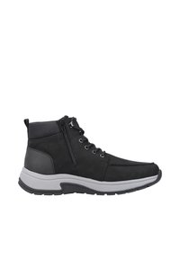Zapatillas altas negras con un upper de cuero suave, suela de goma gris, cierre de cordones en la parte delantera, cremallera lateral y talón reforzado para mayor soporte.