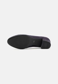 Violets zamšas kurpes ar elegantu dizainu, ar izteiktu purngalu un gludu melnu gumijas zoli. Uz papēža ir smalks zīmols.