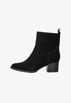 Schwarzer Wildleder-Stiefelette mit niedrigem Blockabsatz, abgerundeter Zehenpartie, Seitennaht und Zuglasche hinten.