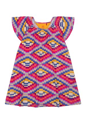 Jurkje met korte mouwen met een levendig geometrisch patroon in roze, geel, blauw en crème. Gemaakt van zachte stof met een geplooide halslijn.