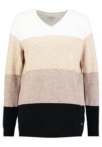 Maglione a V colore beige con strisce crema, rosa e nere. Texture a maglia morbida con polsini e orlo a costine. Design leggero e casual.