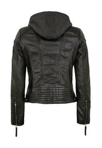 Schwarze Lederjacke mit grauem Kapuzeneinsatz. Verfügt über gesteppte Schulterakzente, vertikale Nähte und Reißverschlüsse an den Bündchen zur Anpassung.