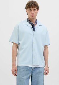 Korte mouwen blauwe blouse met een subtiele gestreepte textuur, gecombineerd met lichtdenim broek en een gebloemde sjaal om de nek.