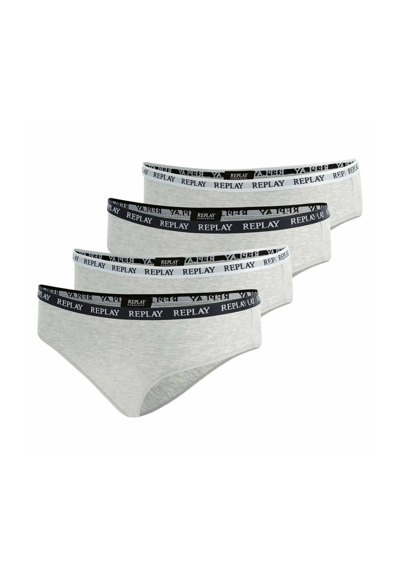 Quattro paia di mutande in cotone grigio presentano cinturini elastici neri con il marchio "REPLAY". Il design è a vita bassa e ha una superficie liscia.