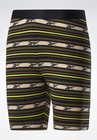 Pantaloni corti aderenti da uomo in un motivo a strisce beige e nero con dettagli verdi, dotati di una cintura elastica nera e dettagli con logo.