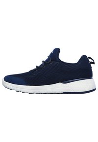 Marine blaue Mesh-Sportschuhe mit strukturiertem weißen Profil, runder Zehenpartie, gepolstertem Schaft und kontrastierenden Schnürsenkeln für einen sicheren Halt.