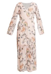 Lange jurk met bloemenprint, voorzien van een V-hals, lange mouwen en een elastische taille. Gemaakt van lichtgewicht stof in pastelroze met polka dots.