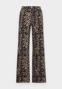 Breddebukser i et leopardmønstret design med en beige bakgrunn og svarte flekker, med klassisk knapp og glidelås lukking.
