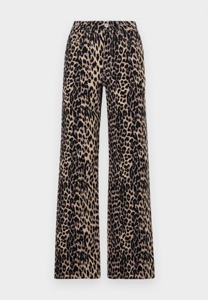 Wide-leg trousers in a leopard print pattern with a beige background and black spots, featuring a classic button and zipper closure.