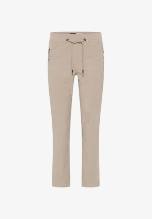 Beige Hosen aus weichem Stoff, mit einem elastischen Bund und einem Kordelzug, seitlichen Reißverschlusstaschen und geradem Beinanschnitt.