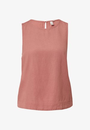 Bezrūpju tops pelēkrozā krāsā, izgatavots no mīkstas auduma. Tam ir apaļa kakla izgriezuma, maza atvērums aizmugurē un taisns apakšmalas šuvums ar izšuvumu detaļām.