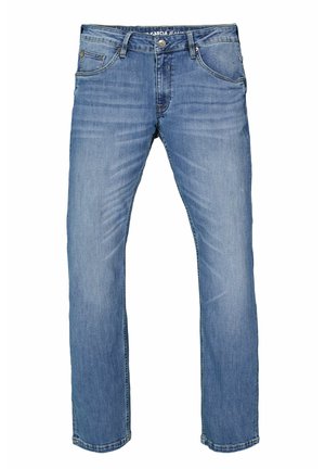 Lichtblauwe denim jeans met een rechte pijpdesign, vijf zakken en een subtiel vervaagd patroon. Voorzien van een knoop- en ritssluiting.