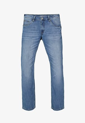 Lichtblauwe denim jeans met een rechte pijpdesign, vijf zakken en een subtiel vervaagd patroon. Voorzien van een knoop- en ritssluiting.