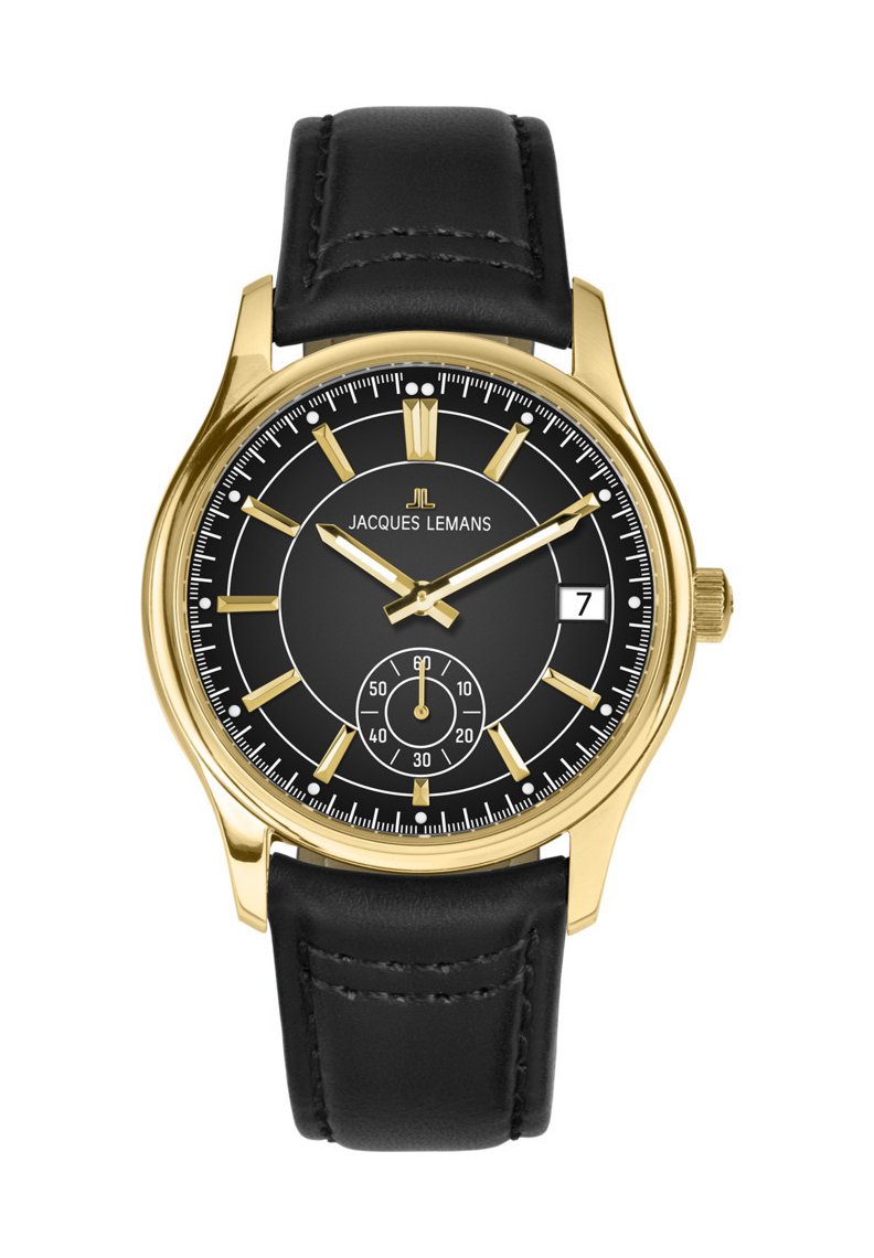 Guldtonad klocka med svart läderrem, analog visning, svart urtavla, guldaccenter och datumfunktion vid klockan 3. Undervisning vid klockan 6.