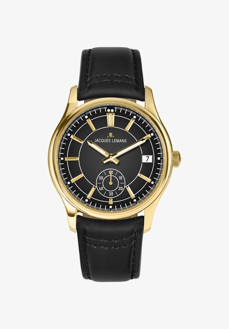 Guldtonet ure med sort læderrem, analog skærm, sort urskive, gyldne accenter og datofunktion ved klokken 3. Underskive ved klokken 6.