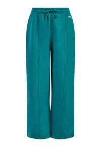 Zielone dresowe spodnie z szerokimi nogawkami, elastycznym pasem i sznurkiem, z widocznymi pionowymi szwami oraz małą metką marki po prawej stronie.