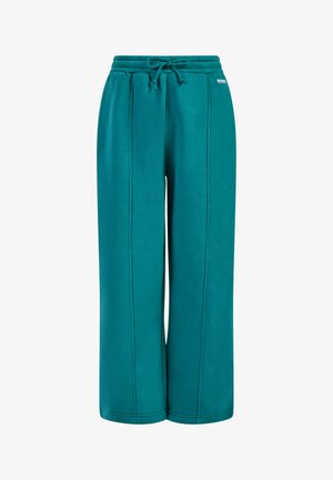 Teal brede sweatpants med elastisk talje og snøre, med synlige lodrette sømme og et lille mærke på højre side.