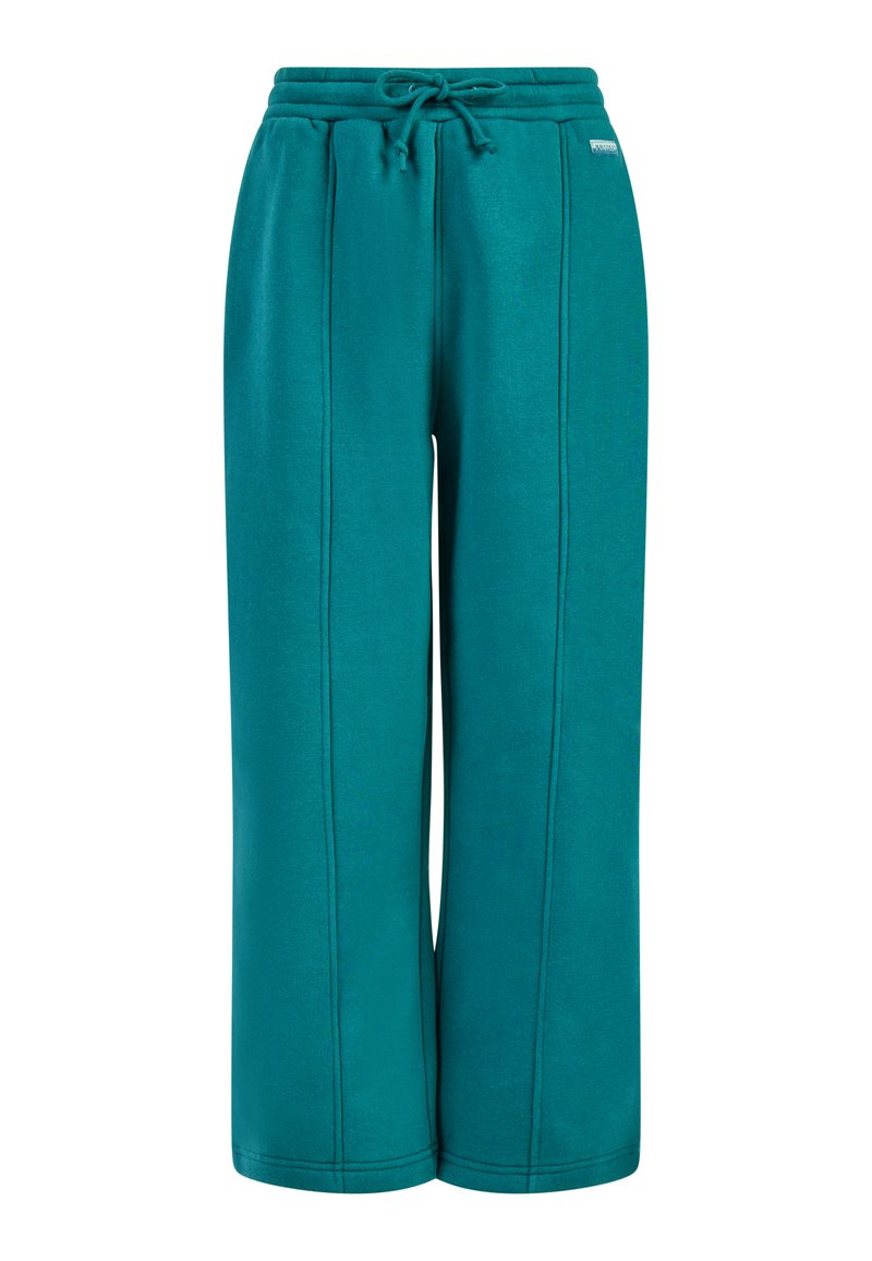 Zielone dresowe spodnie z szerokimi nogawkami, elastycznym pasem i sznurkiem, z widocznymi pionowymi szwami oraz małą metką marki po prawej stronie.