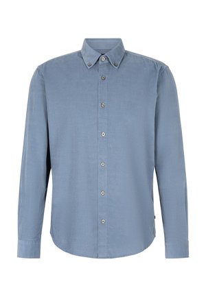 Light blue long-sleeve button-up shirt featuring a spread collar, button front, and a curved hem, made from a soft fabric with a smooth texture.