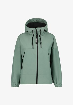 Grön huva jacka med svart dragkedja och dragsnören, med elastiska muddarna och en avslappnad passform. Mjuk textur och minimalistisk stil.