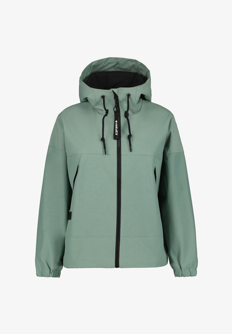 Veste à capuche verte avec une fermeture éclair noire et des cordons de serrage, dotée de poignets élastiques et d'un design décontracté. Texture lisse et style minimaliste.