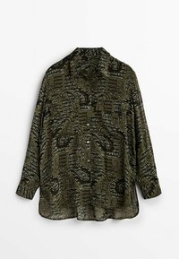 Long-sleeved shirt in olive green fabric featuring a black and light green abstract pattern. It has a classic collar and button closure.