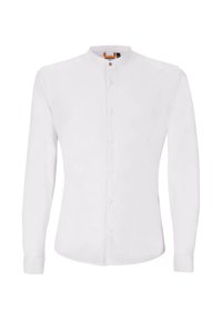 Camicia bianca da uomo a maniche lunghe con colletto alla cinese e chiusura frontale con bottoni, caratterizzata da una vestibilità slim e un design semplice e pulito.