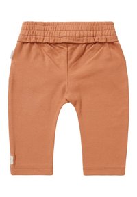 Jasnoorki legginsy z bawełny z elastycznym pasem, gładką fakturą i małą etykietą po lewej stronie.