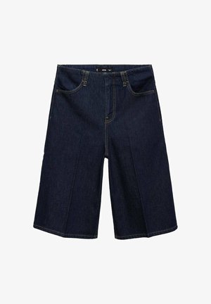 Dunkelblaue Denim-Bermudashorts mit lässiger Passform, zwei Vordertaschen, gelben Nähten und einem Bund mit Gürtelschlaufen.