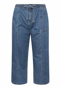 Denim pants with an elastic waistband and drawstring, featuring side pockets and cropped wide legs in a medium blue wash.