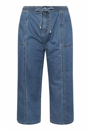 Denim pants with an elastic waistband and drawstring, featuring side pockets and cropped wide legs in a medium blue wash.
